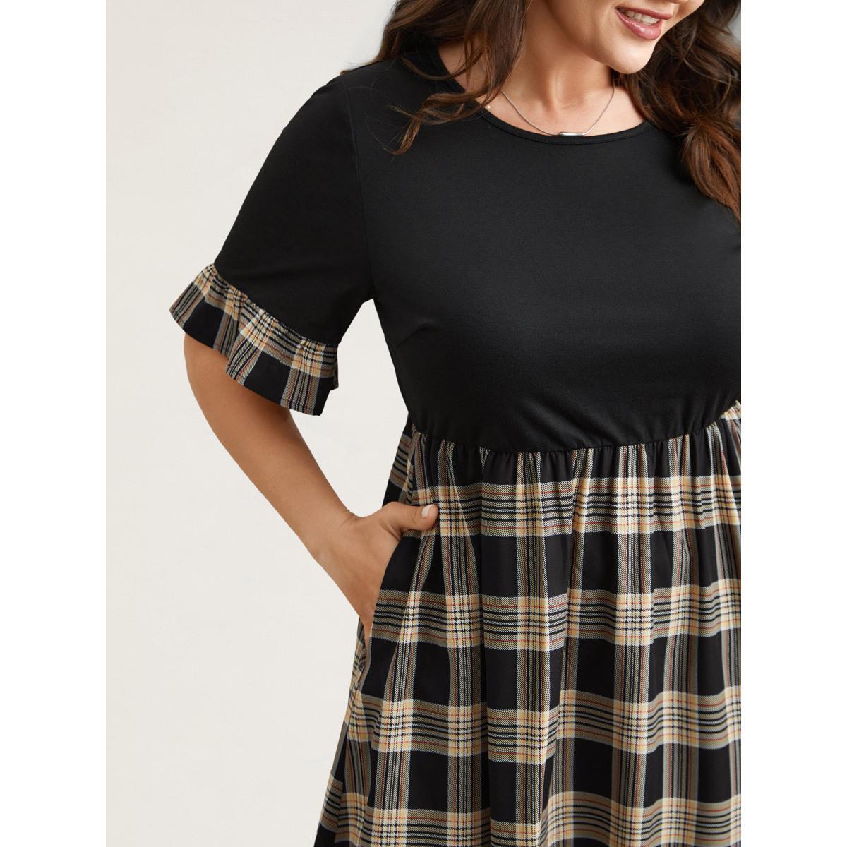 Plus Size Plaid Color Block Flared Sleeve Midi Dress Black Women Casual Patchwork Round Neck Half Sleeve Curvy BloomChic 12/L Product Image