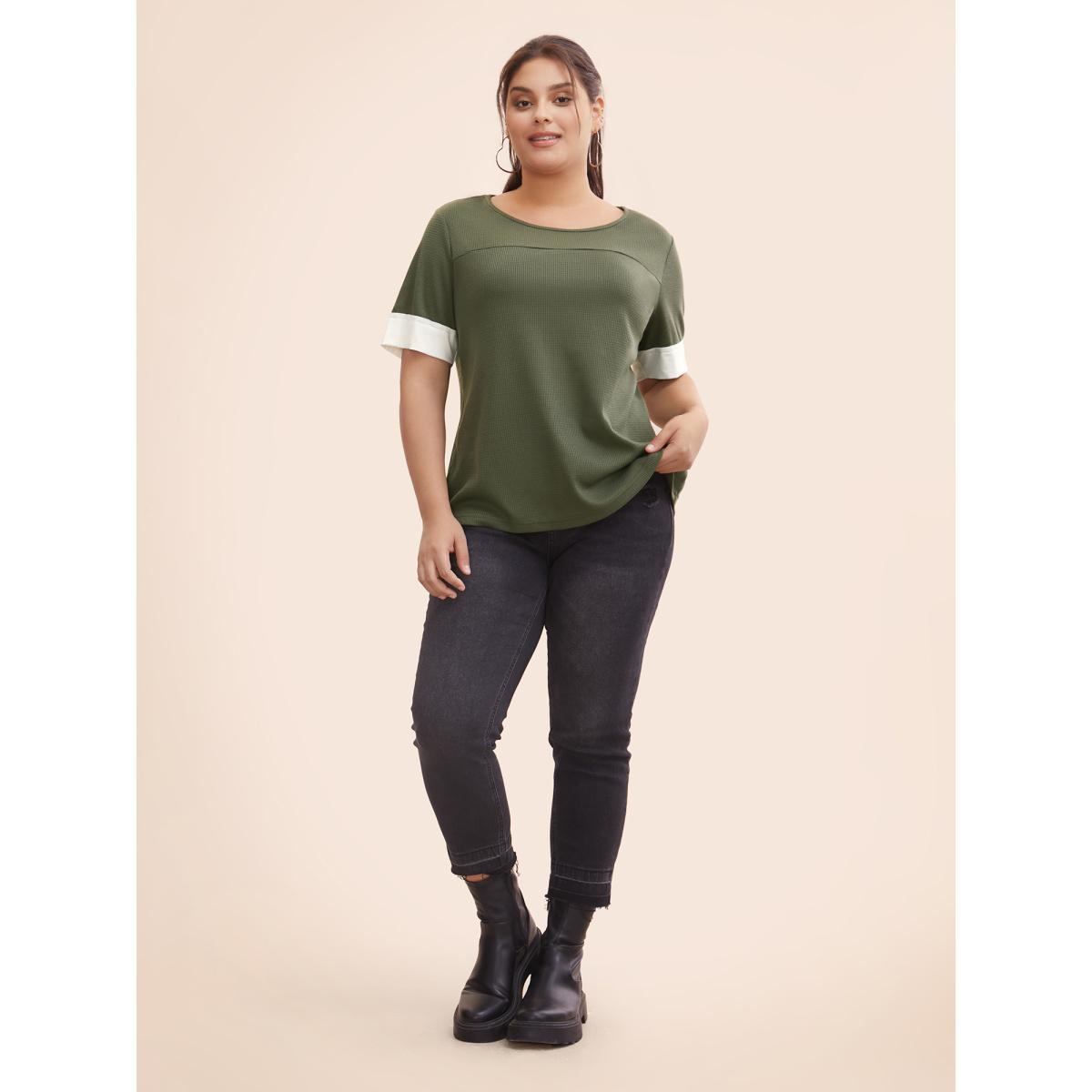 Plus Size Crew Neck Waffle Knit Patchwork Contrast T-shirt ArmyGreen Women Casual Texture Non Everyday T-shirts BloomChic 10/M Product Image