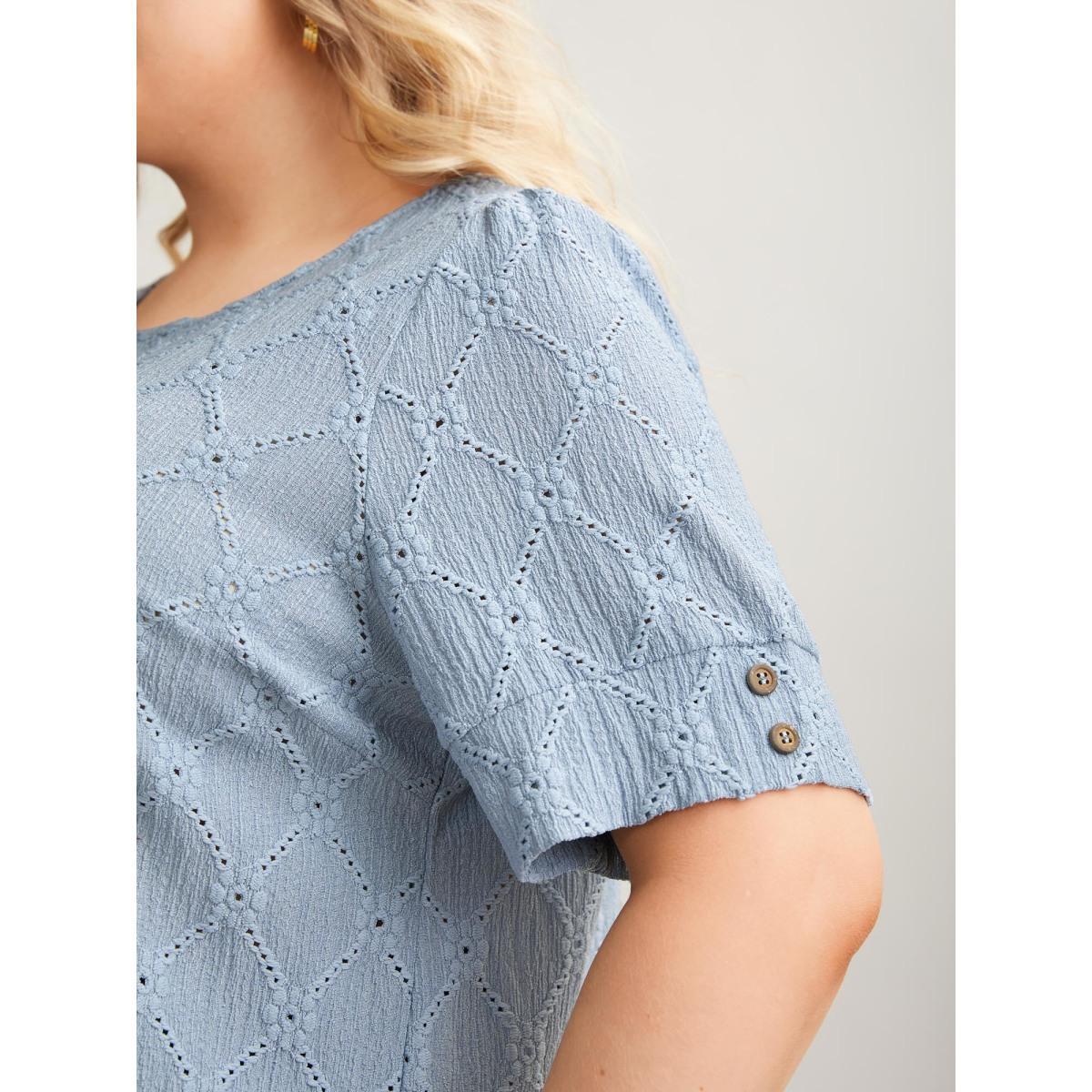 Plus Size Textured Puffy Sleeve Buttons T-Shirt Stone Women Casual Texture Round Neck Everyday T-shirts BloomChic 28/5X Product Image
