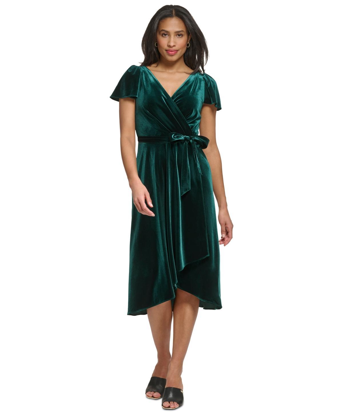 DKNY Flutter Sleeve Wrap Dress (Hunter) Women's Clothing Product Image