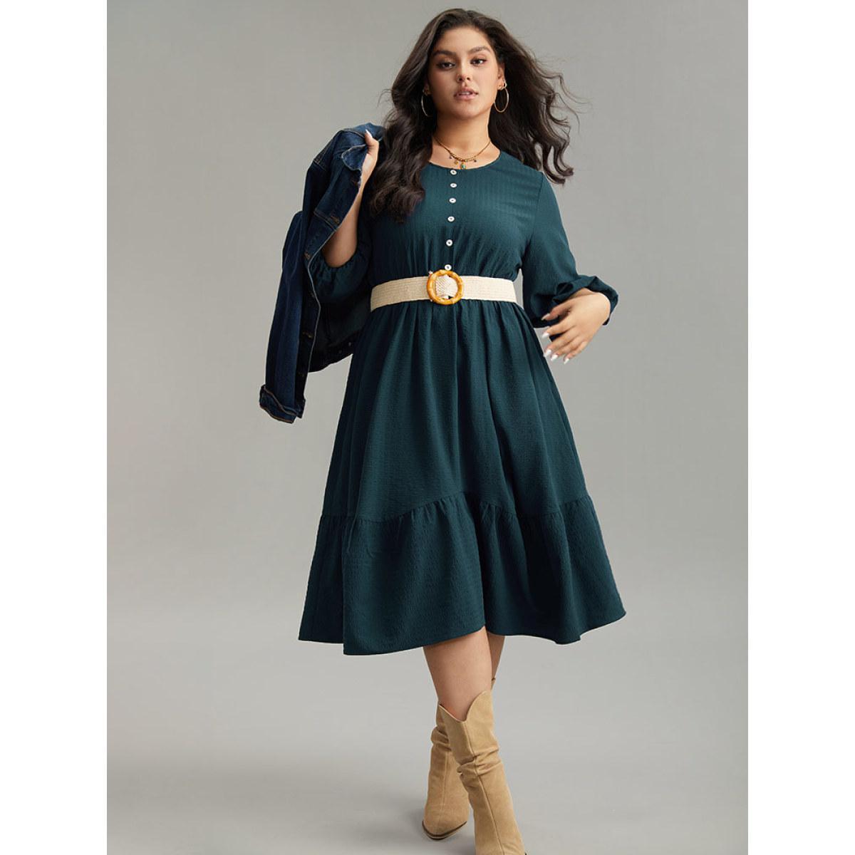 Plus Size Plain Textured Button Detail Pocket Dress DarkGreen Women Vacation Elastic cuffs Round Neck Elbow-length sleeve Curvy Midi Dress BloomChic 12/L Product Image
