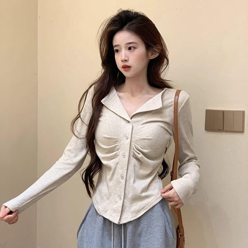 Split Neck Plain Ruched Button-Up Cardigan Product Image
