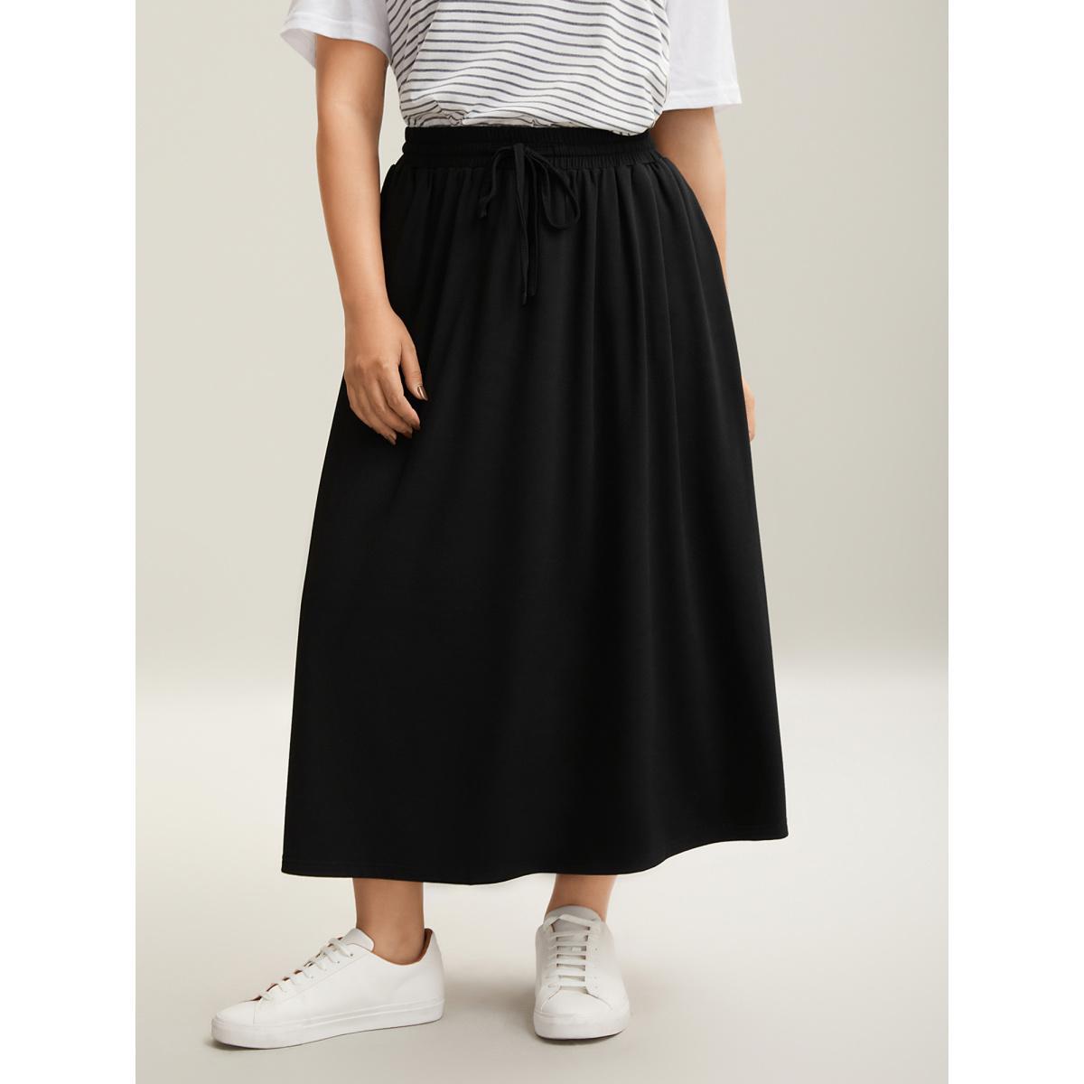 Plus Size Supersoft Waist-Tie A-Line Maxi Skirt Women Black Elegant Drawstring Medium stretch Slanted pocket Everyday Skirts BloomChic 14-16/1X Product Image