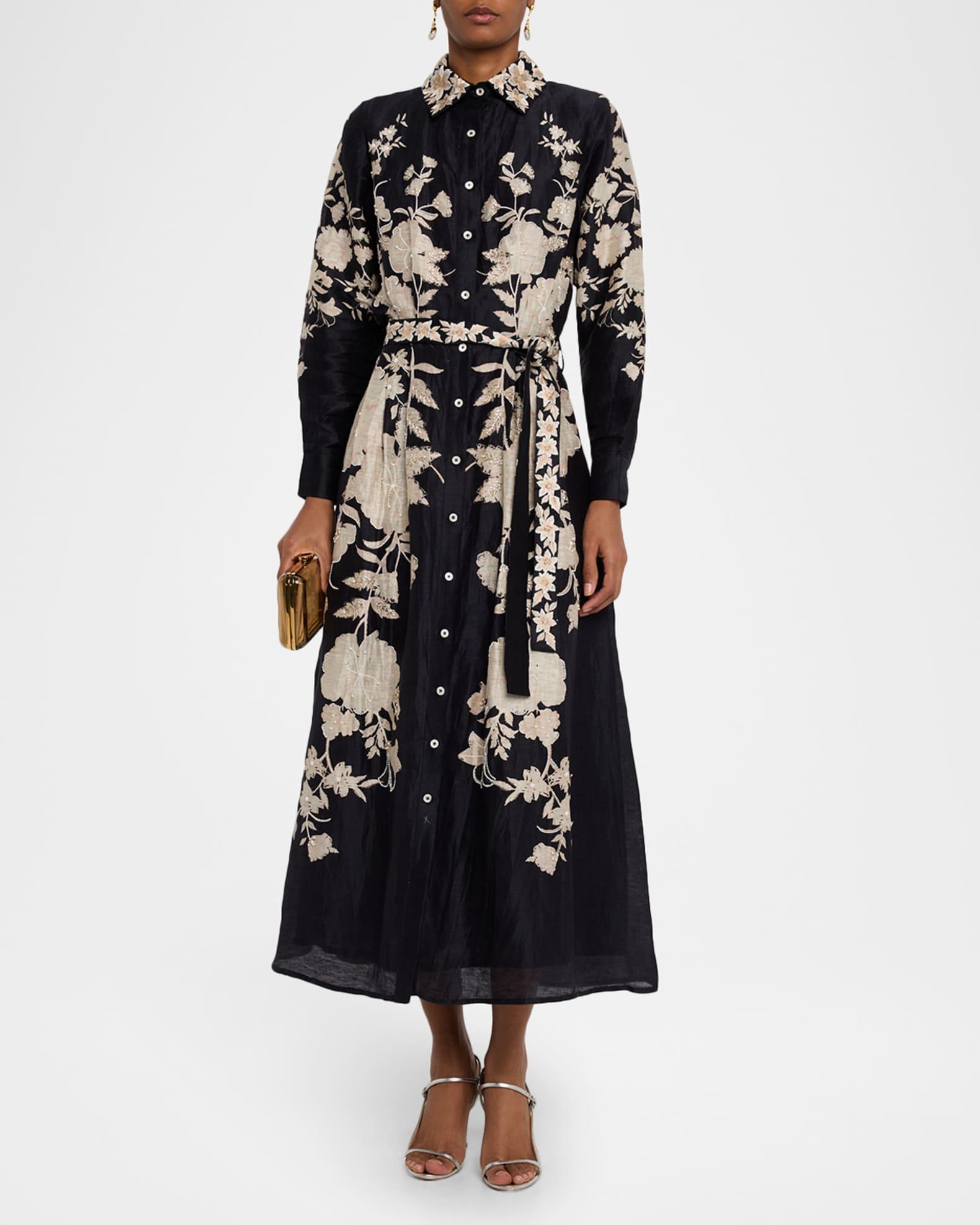 Embellished Floral Silk-Linen Organza Midi Shirtdress With Belt Product Image