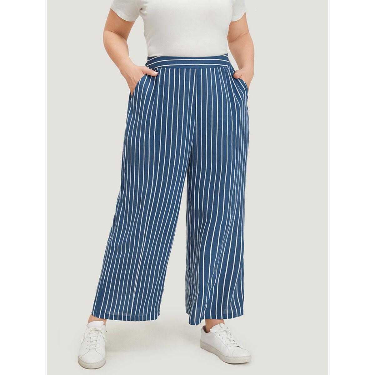 Plus Size Striped Print Loose Slant Pocket Pants Women Aegean Casual Straight Leg High Rise Dailywear Pants BloomChic 10/M Product Image
