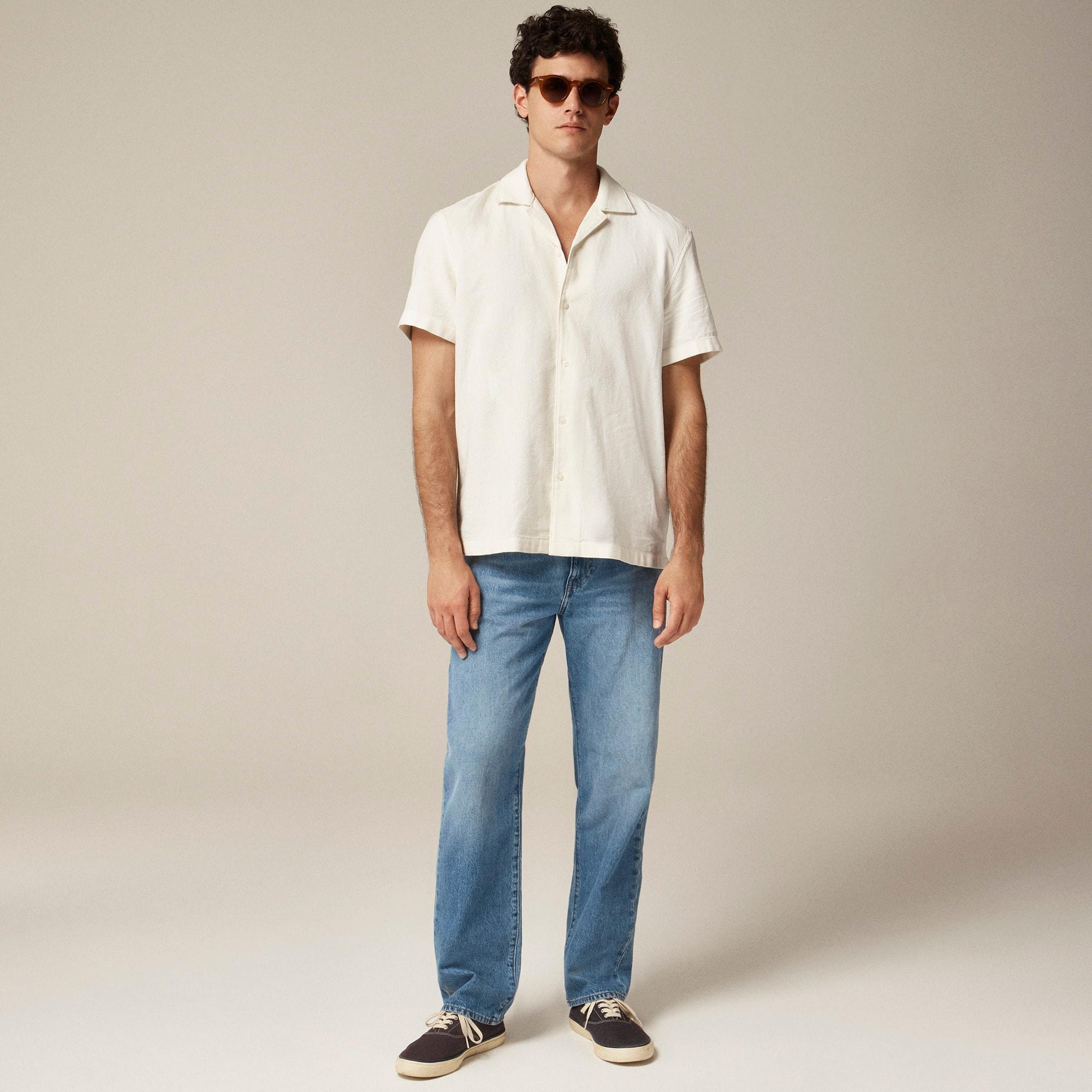 Short-sleeve textured cotton camp-collar shirt Product Image