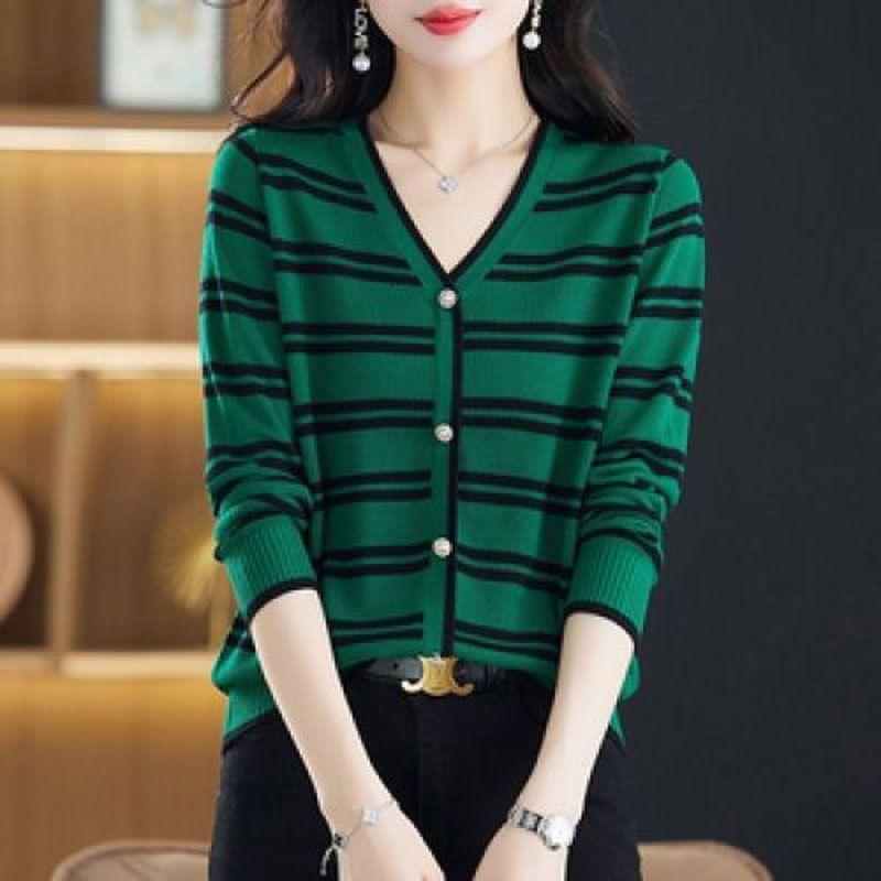 V-Neck Striped Cardigan Product Image