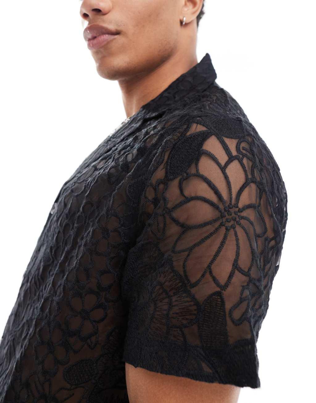 ASOS DESIGN boxy relaxed deep revere all over embroidered shirt in black  Product Image