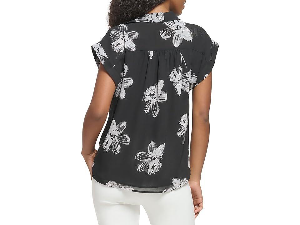 Calvin Klein Printed with Shirring and Buttons (Black/Soft White Multi 2) Women's Clothing Product Image