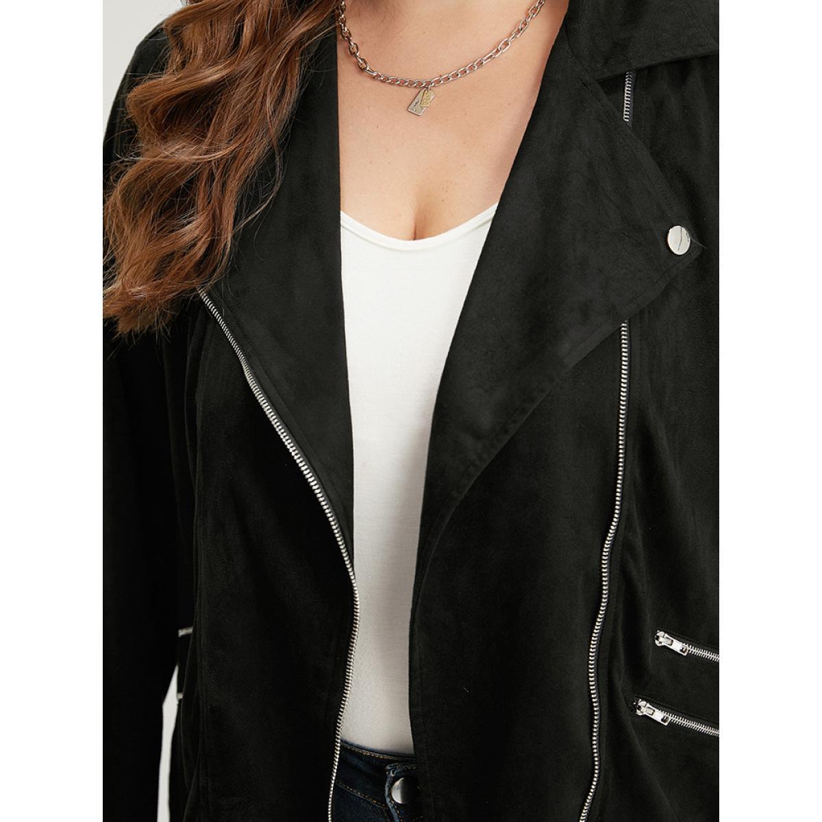 Plus Size Solid Lapel Collar Zipper Metal Detail Jacket Women Black Plain Dailywear Jackets BloomChic 10/M Product Image