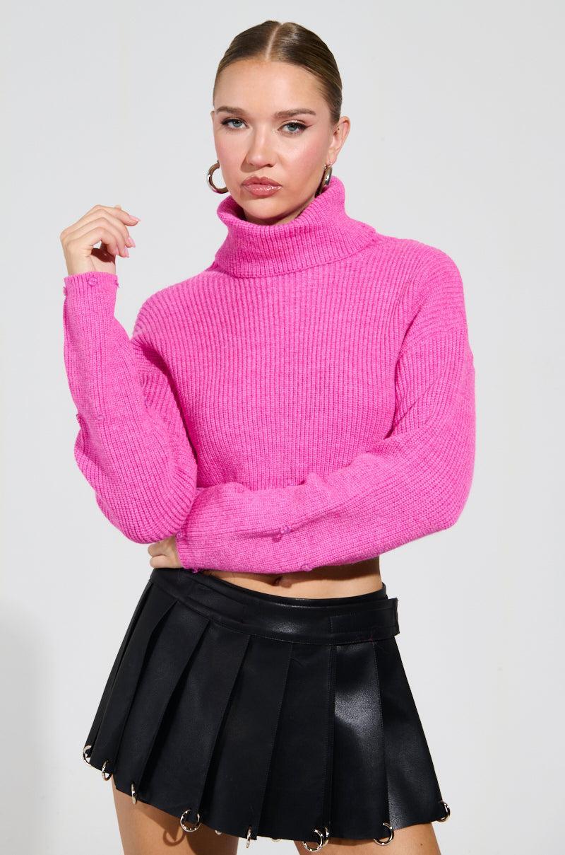 SYDNEY FUR CUFF CROPPED SWEATER IN HOT PINK Product Image