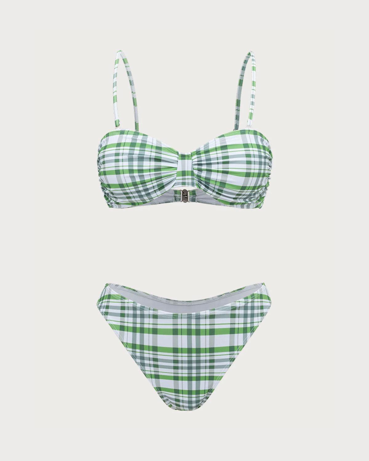 Green Plaid Pleated Bikini Set Product Image