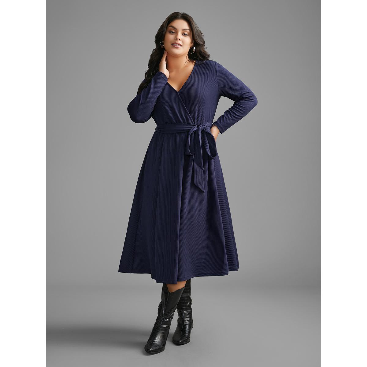 Plus Size Solid Overlap Collar Belted Knit Dress DarkBlue Women Casual Texture Knit Dresses Bloomchic 10/M Product Image