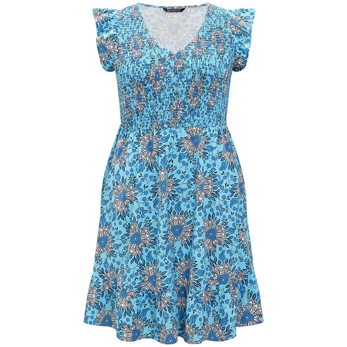 Plus Size Floral Print Shirred Ruffle Cap Sleeve Layered Hem Dress Cerulean Women Elegant Shirred V-neck Cap Sleeve Curvy Knee Dress BloomChic 18-20/2X Product Image