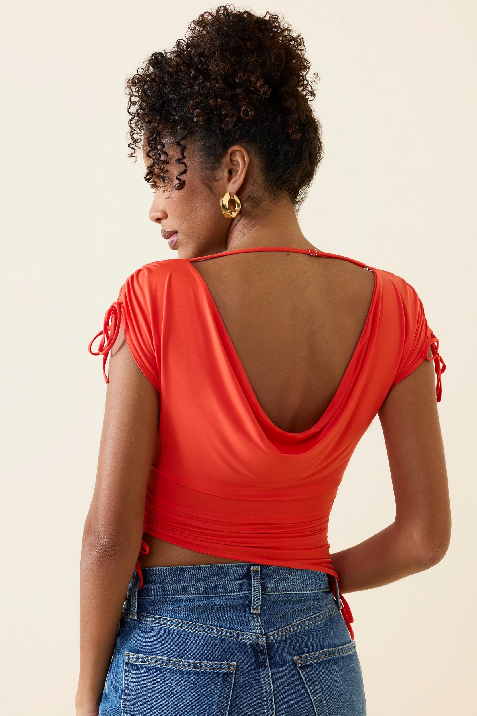 Asymmetric Ruched Cowl-Back Crop Top in Scarlet Product Image