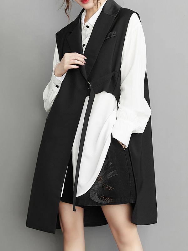 Sleeveless Asymmetric Pockets Tied Notched Collar Vest Outerwear Product Image