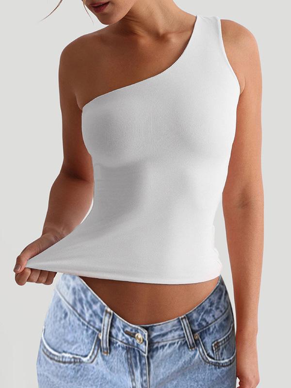 Skinny Sleeveless Solid Color One-Shoulder Vest Top Product Image