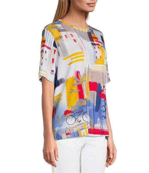 Multiples Embellished Printed Scoop Neck Short Sleeve Fitted Knit Top Product Image