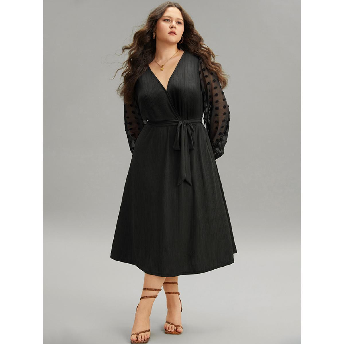 Plus Size Polka Dot Chiffon Mesh Patchwork Wrap Dress Black Women Elegant Elastic cuffs Overlap Collar Long Sleeve Curvy Midi Dress BloomChic 10/M Product Image
