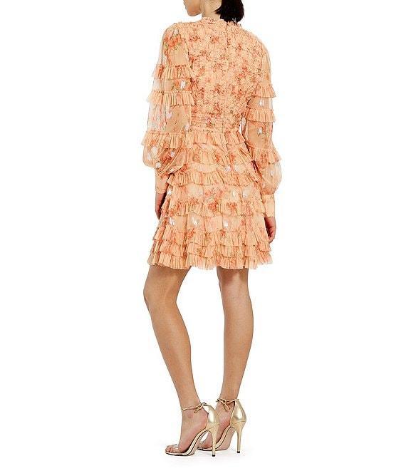 Mac Duggal Key Hole Neck Long Sleeve Floral Mesh A-Line Micro Ruffle Dress Product Image