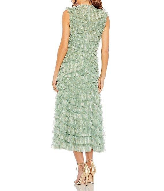 Mac Duggal Mock Neck Micro Ruffle Sleeveless Mesh Aline Midi Product Image