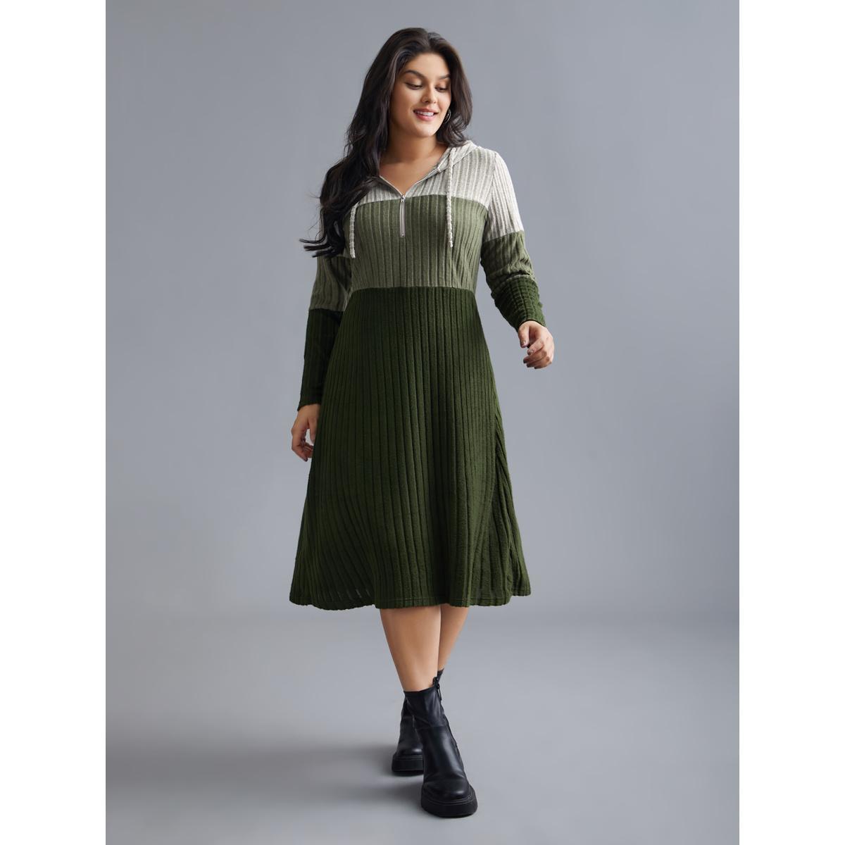 Plus Size Hooded Half Zip Pit Strip Knit Dress ArmyGreen Women Casual Contrast Hooded Long Sleeve Curvy BloomChic 26/4X Product Image