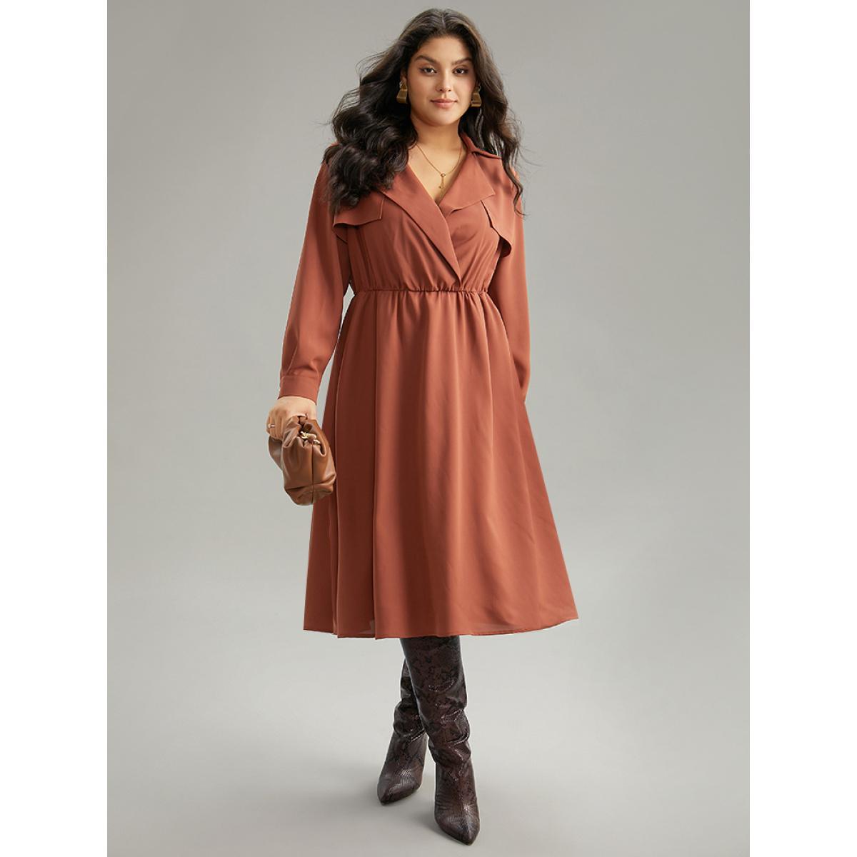 Plus Size Static-Free Plain Lapel Collar Belted Pocket Dress Maroon Women At the Office Plain Lapel Collar Long Sleeve Curvy Midi Dress BloomChic 30/6X Product Image