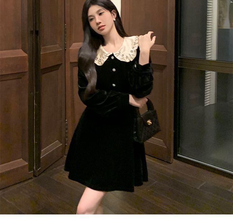 Long-Sleeve Peter Pan Collar Two Tone Rhinestone Accent Velvet Mini A-Line Dress Product Image