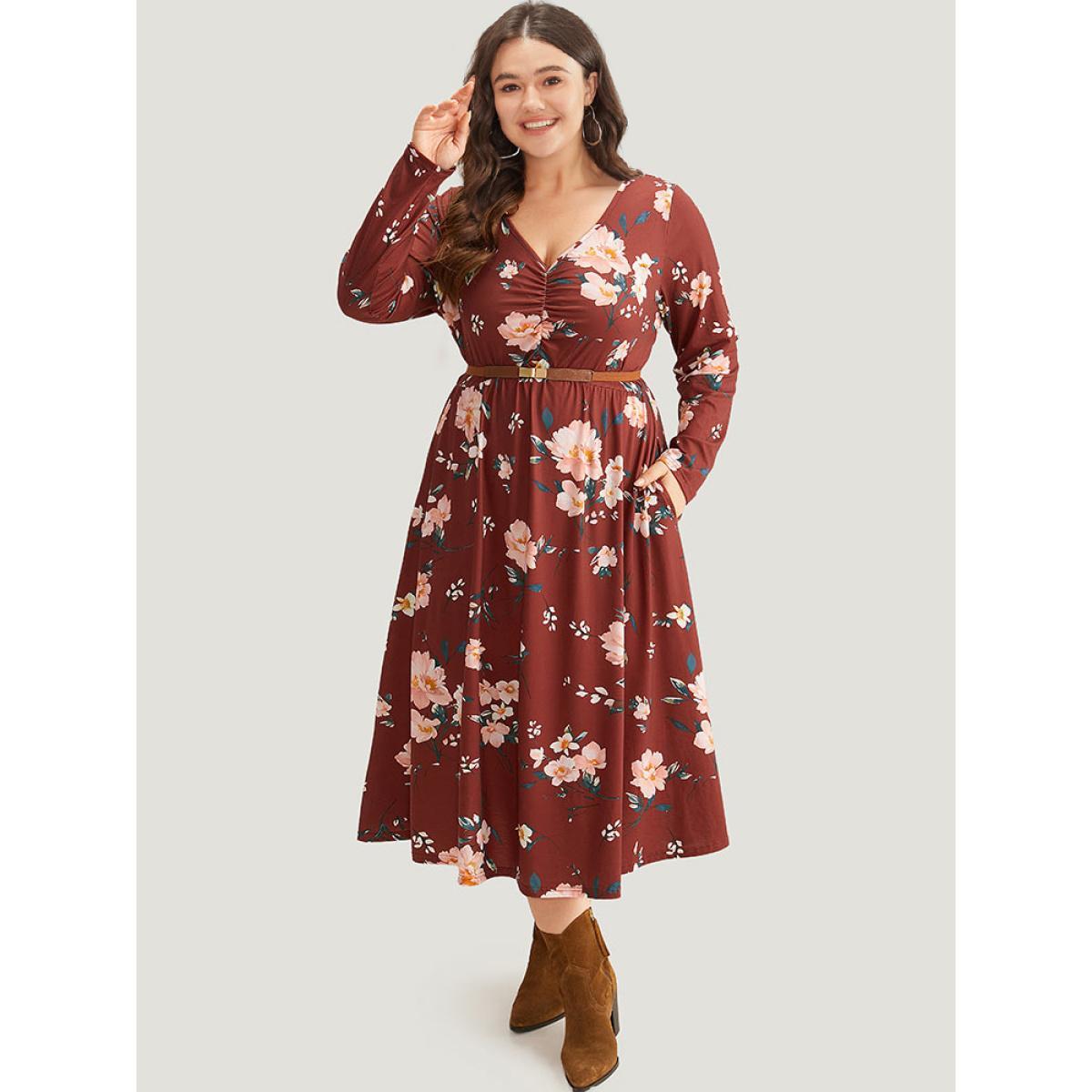 Plus Size Floral Pocket Ruched Elastic Waist Dress Burgundy Women Casual Gathered V-neck Long Sleeve Curvy Midi Dress BloomChic 30/6X Product Image
