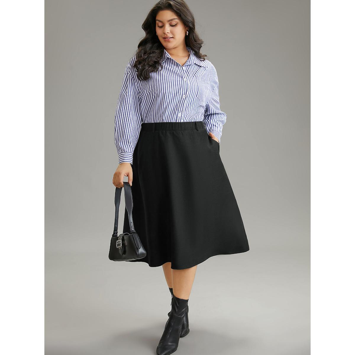 Plus Size Plain Pocket Elastic Waist A-line Skirt Women Black Office A-line No stretch Pocket Work Skirts BloomChic 12/L Product Image