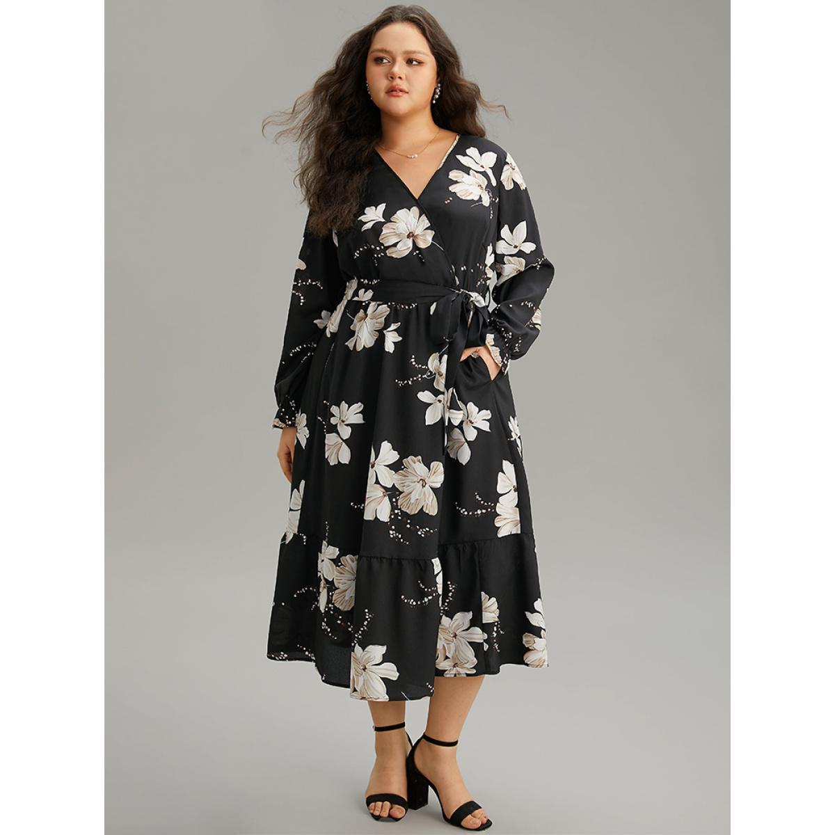 Plus Size Floral Print Flutter Sleeve Belted Surplice Neck Dress Black Women Elegant Wrap Overlap Collar Long Sleeve Curvy Midi Dress BloomChic 26/4X Product Image