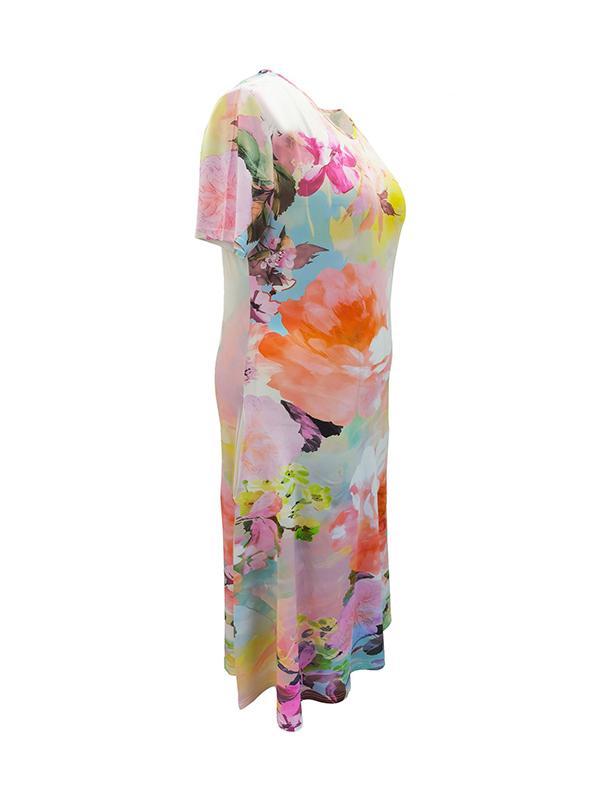 A-Line Loose Flower Print Pockets Round-Neck Midi Dresses Product Image
