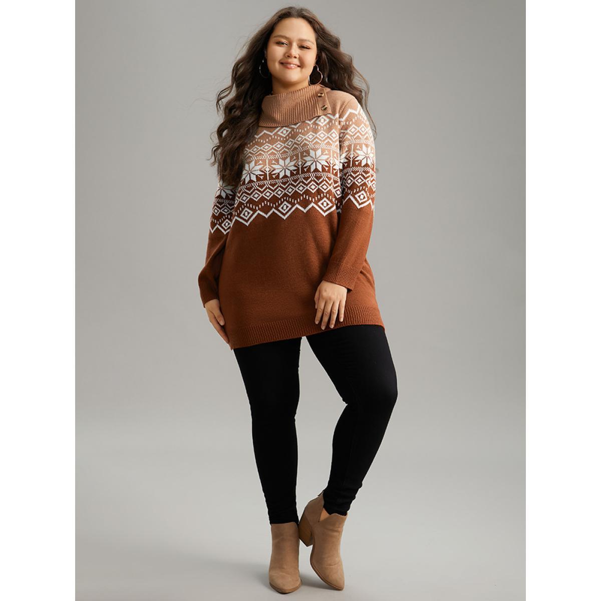 Plus Size Snowflake Print Button Detail Split Side Pullover Multicolor Women Casual Loose Long Sleeve Lapel Collar Festival-Christmas Pullovers BloomChic 30/6X Product Image