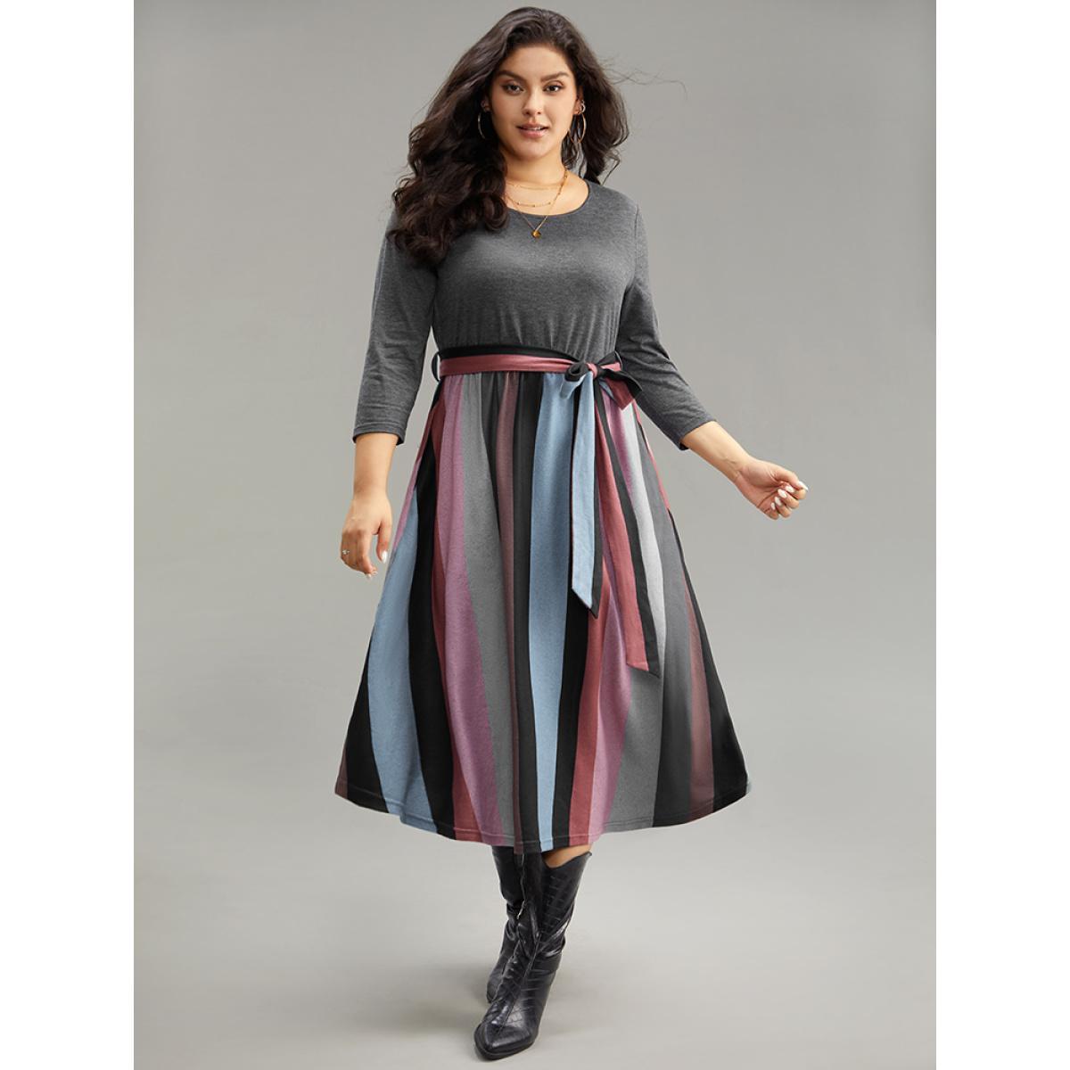 Plus Size Striped Contrast Patchwork Belted Dress DimGray Women Casual Belted Round Neck Elbow-length sleeve Curvy Midi Dress BloomChic 28/5X Product Image