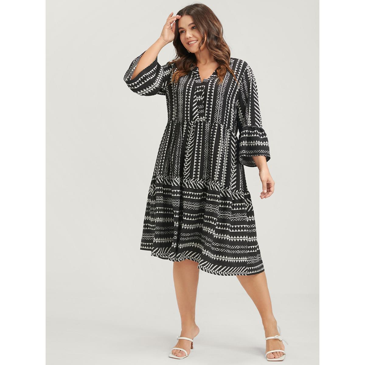 Plus Size Bloom Dress -Geometric Pocket Ruffles V Neck Knee Dress Black Women Vacation Pocket V-neck Elbow-length sleeve Curvy Knee Dress BloomChic 30/6X Product Image