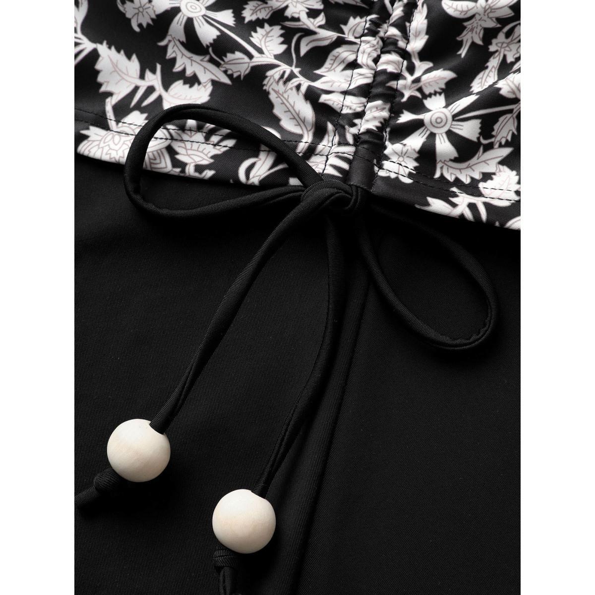 Plus Size Natural Flowers Tie Knot Drawstring Swim Dress Women's Swimwear Black Beach Bodycon U-neck High stretch Curve Swim Dresses BloomChic 18-20/2X Product Image