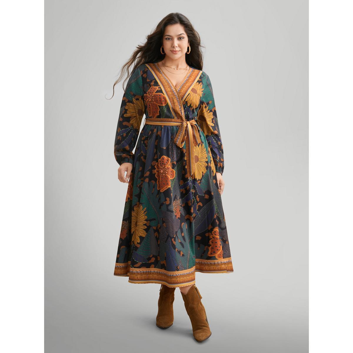 Plus Size Boho Print Belted Lantern Sleeve Dress Black Women Resort Belted Overlap Collar Long Sleeve Curvy BloomChic 22-24/3X Product Image