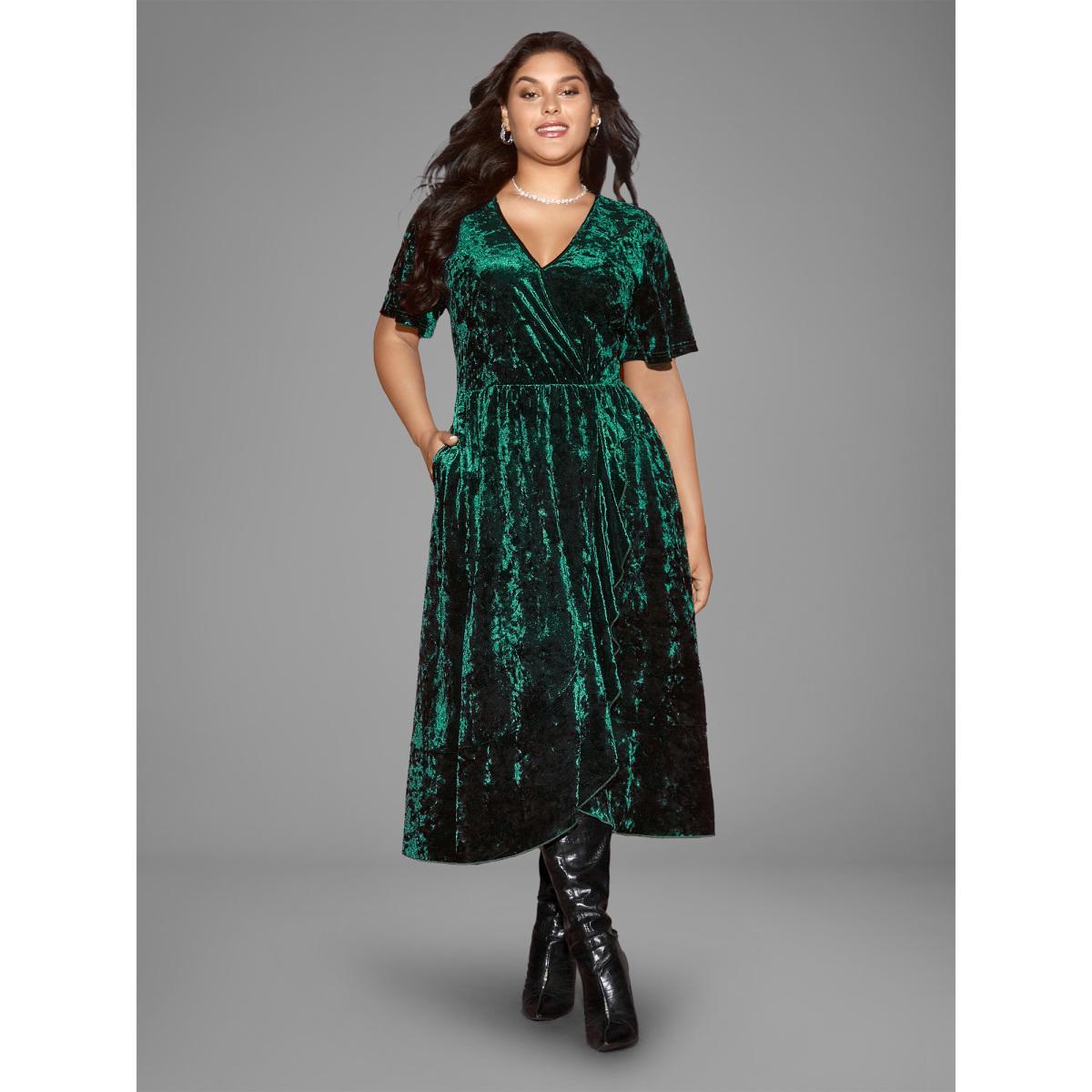 Plus Size Velvet Surplice Neckline Ruffle Sleeves Midi Dress DarkGreen Women Formal Texture Overlap Collar Short sleeve Curvy BloomChic 14-16/1X Product Image