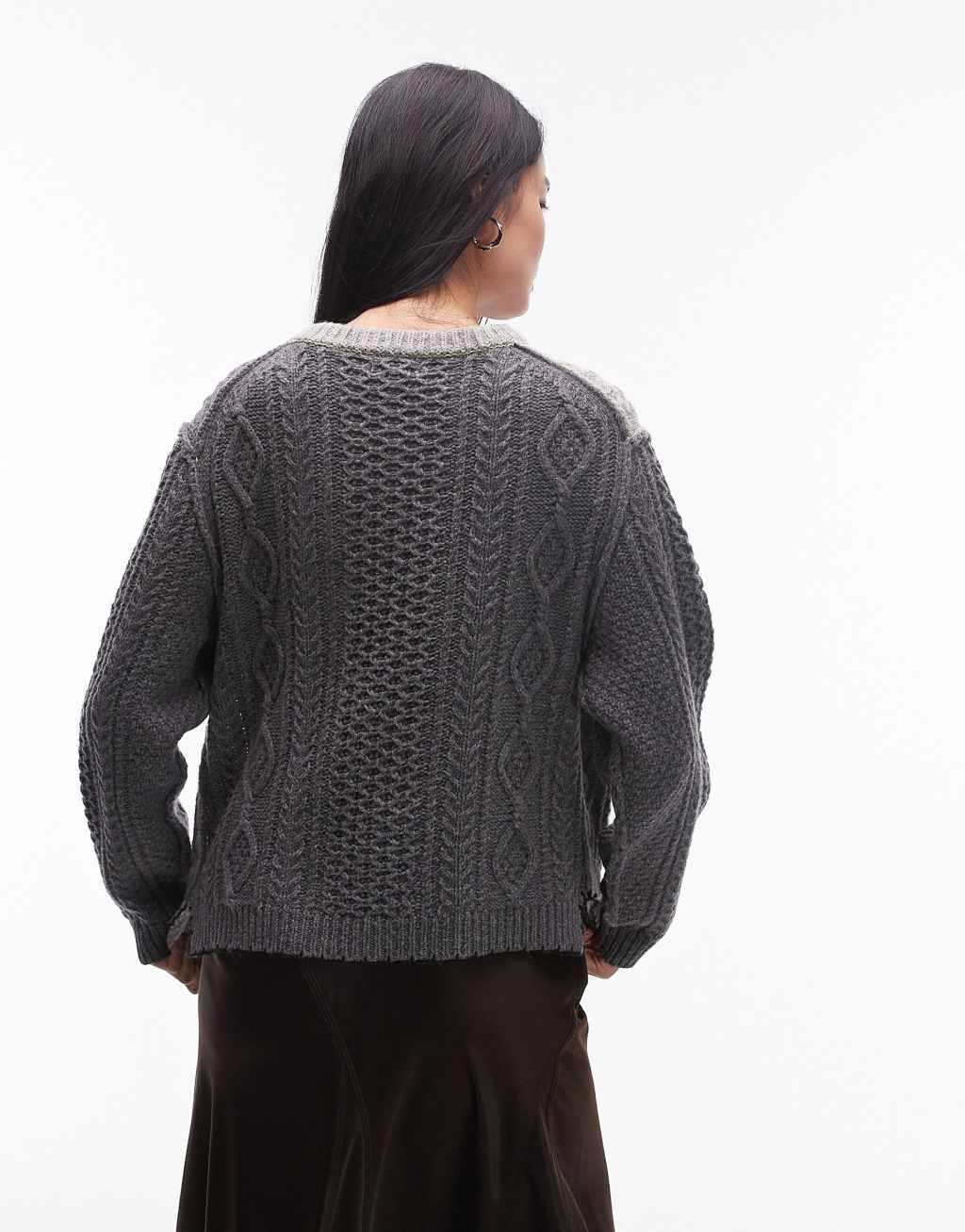 Topshop knit premium 100% wool asymmetric cable cardi in multi Product Image