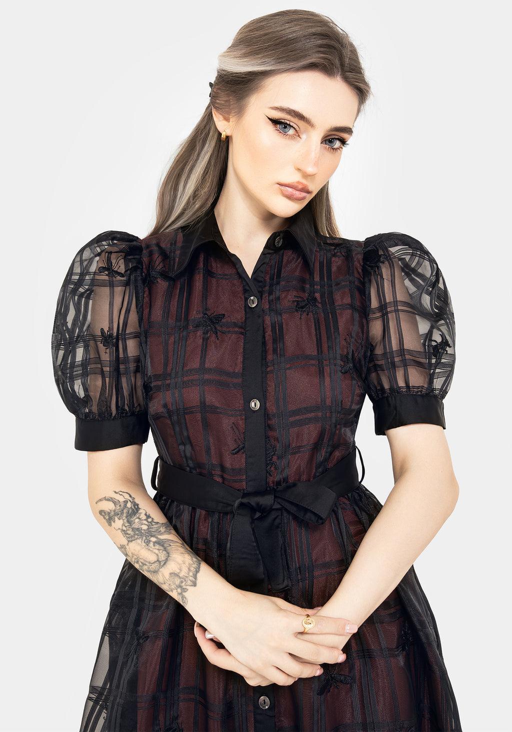 Sedona Organza Check Embroidered Puff Sleeve Midi Shirt Dress Product Image