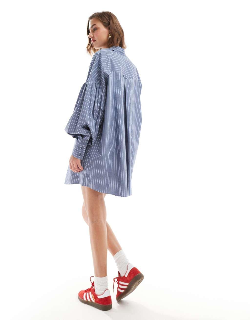 ASOS DESIGN boyfriend shirt mini dress with blouson sleeve in blue pinstripe Product Image