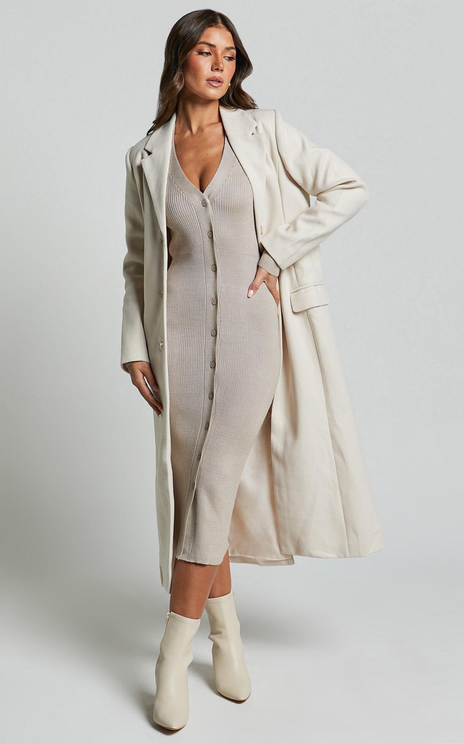 Leahanna Midi Dress - Button Front Knit Dress in Taupe Product Image