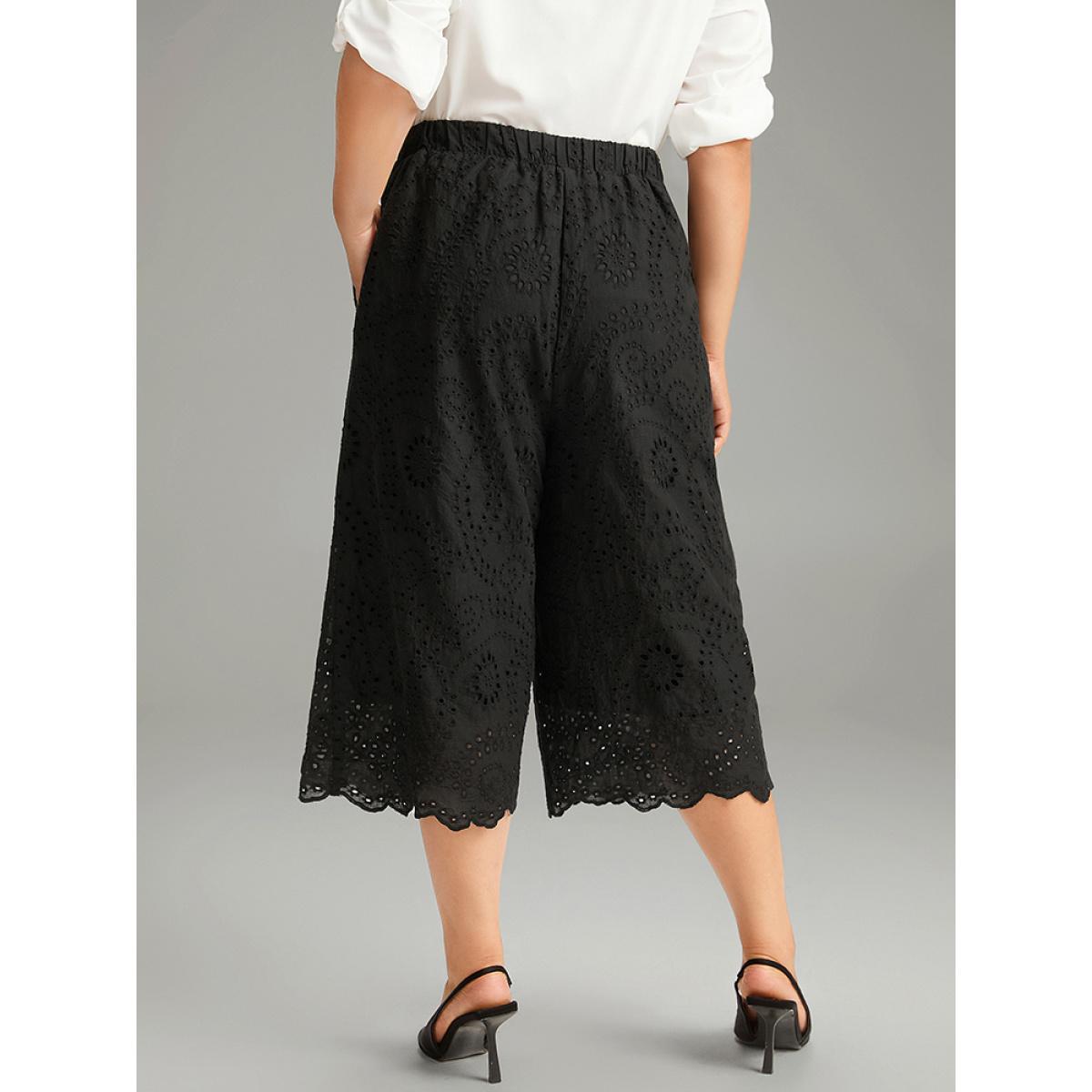 Plus Size Solid Broderie Anglaise Scalloped Trim Cropped Pants Women Black Elegant Straight Leg High Rise Dailywear Pants BloomChic 18-20/2X Product Image