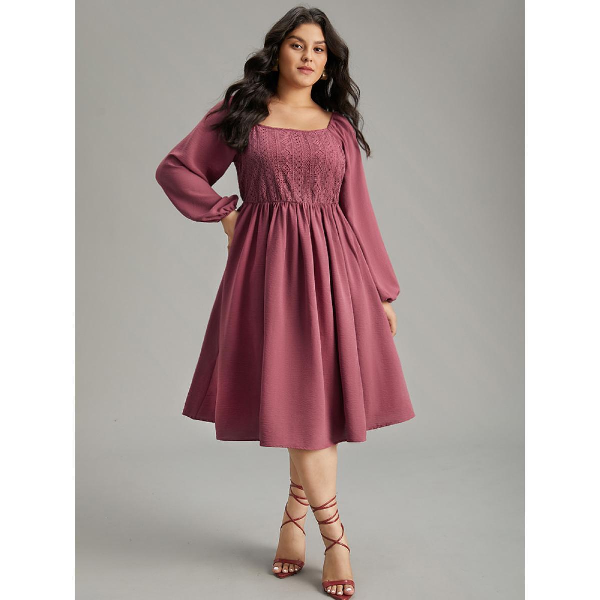 Plus Size Crochet Lace Square Neck Elastic Cuffs Dress DustyPink Women Elegant Elastic cuffs Square Neck Long Sleeve Curvy Midi Dress BloomChic 10/M Product Image