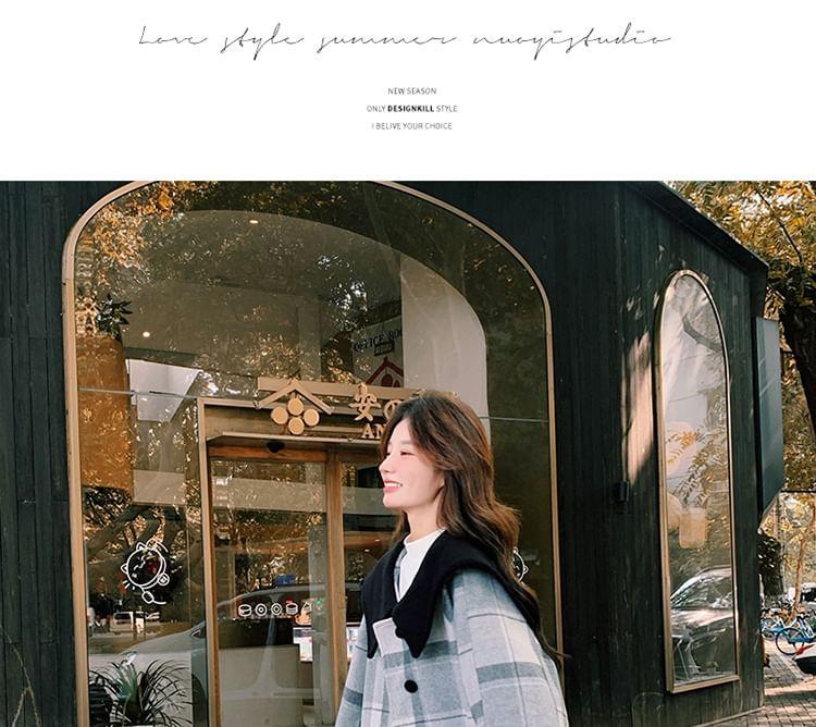 Collared Plaid Button-Up Long Coat Product Image