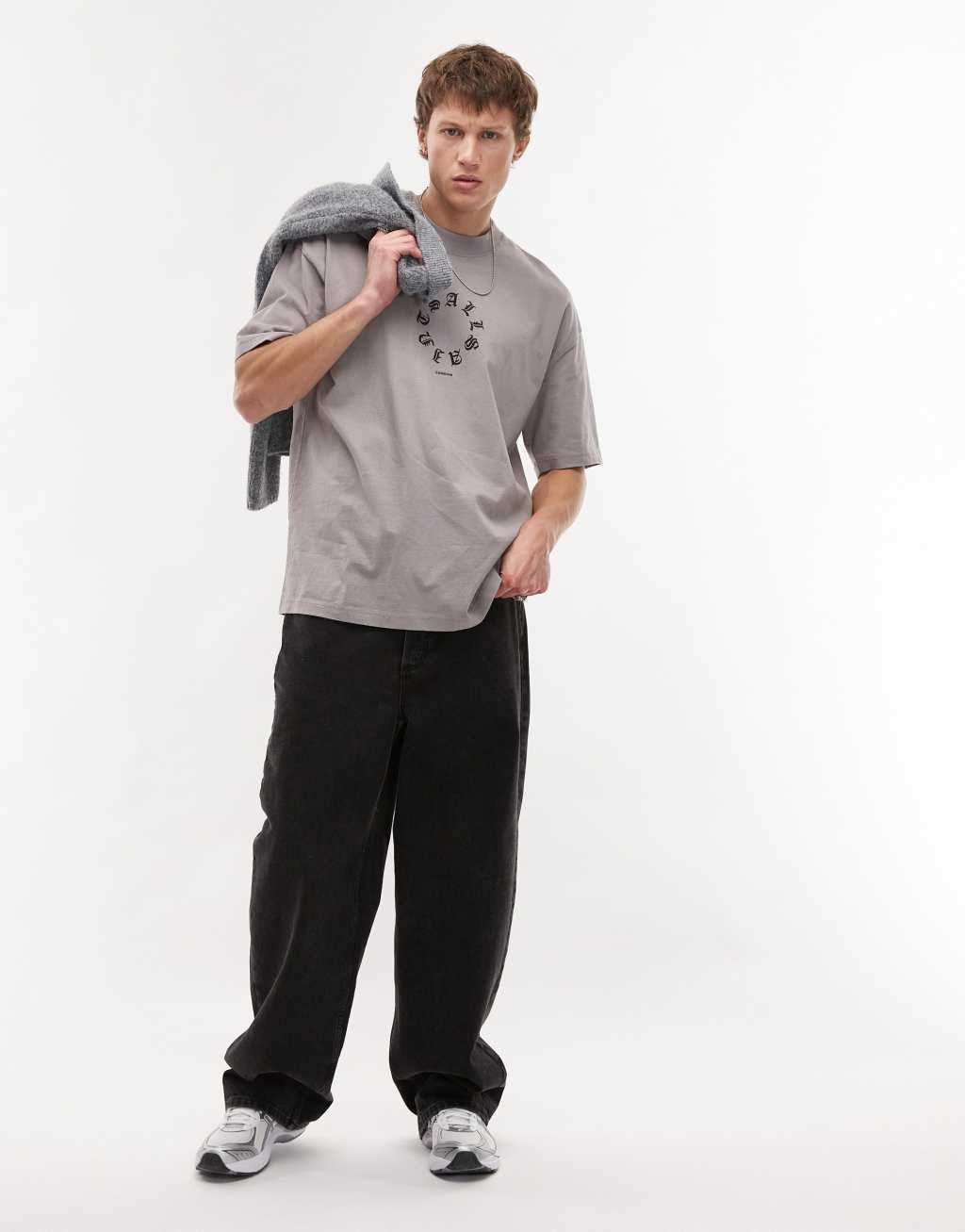 AllSaints Fraktur oversized t-shirt in stone Product Image