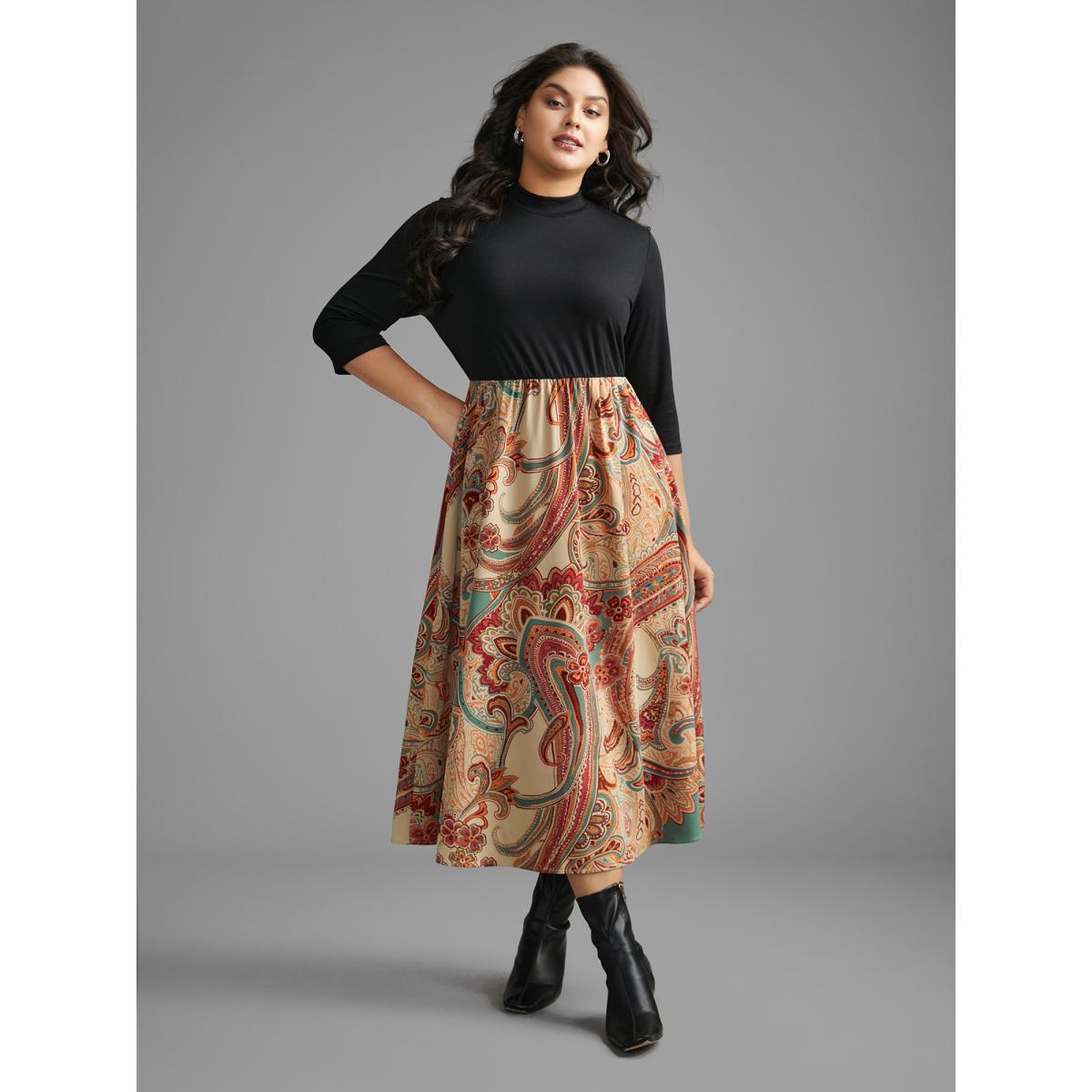 Plus Size Bandana Print Patchwork Elastic Waist Dress Black Women Resort Patchwork Mock Neck Elbow-length sleeve Curvy BloomChic 14-16/1X Product Image