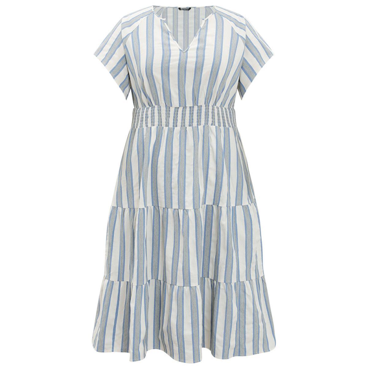 Plus Size Striped Contrast Pocket Shirred Flutter Tiered Dress Blue Women Resort Non V-neck Short sleeve Curvy Midi Dress BloomChic 28/5X Product Image