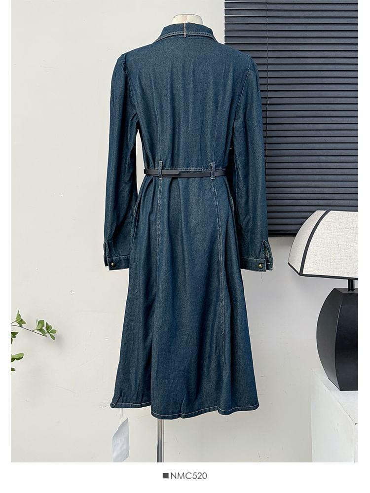 Stitched Denim Midi Shirtdress With Belt Product Image