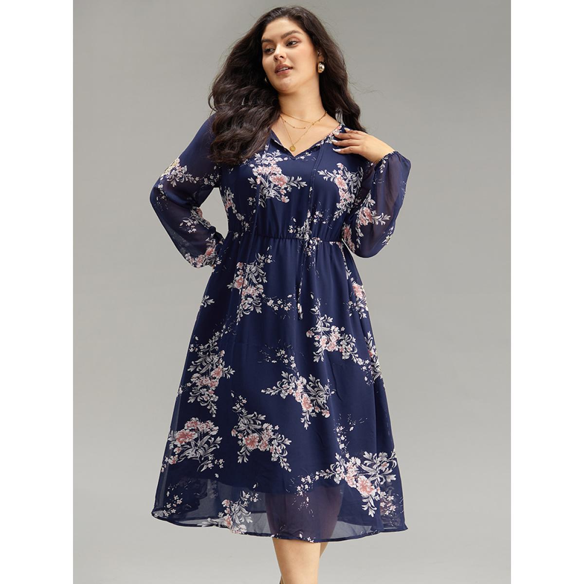 Plus Size Floral Print Knot Neck Pocket Dress DarkBlue Women Elegant See through Tie Neck Long Sleeve Curvy Midi Dress BloomChic 26/4X Product Image